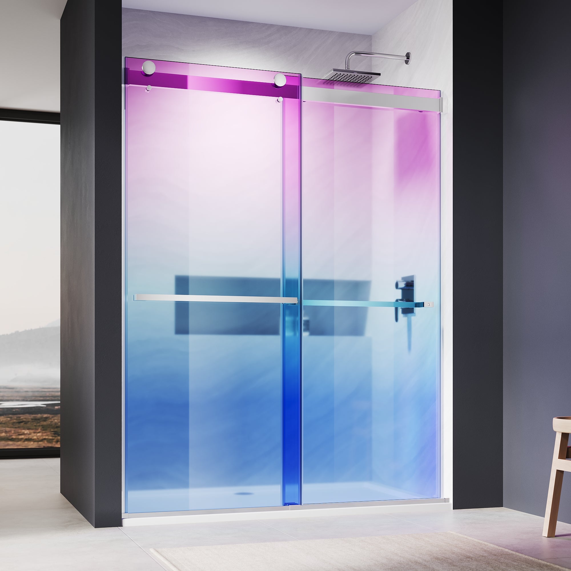 SUNNY SHOWER Custom Gradient Glass Double Sliding Shower Doors, Multi-Size & Multi-Finish Options