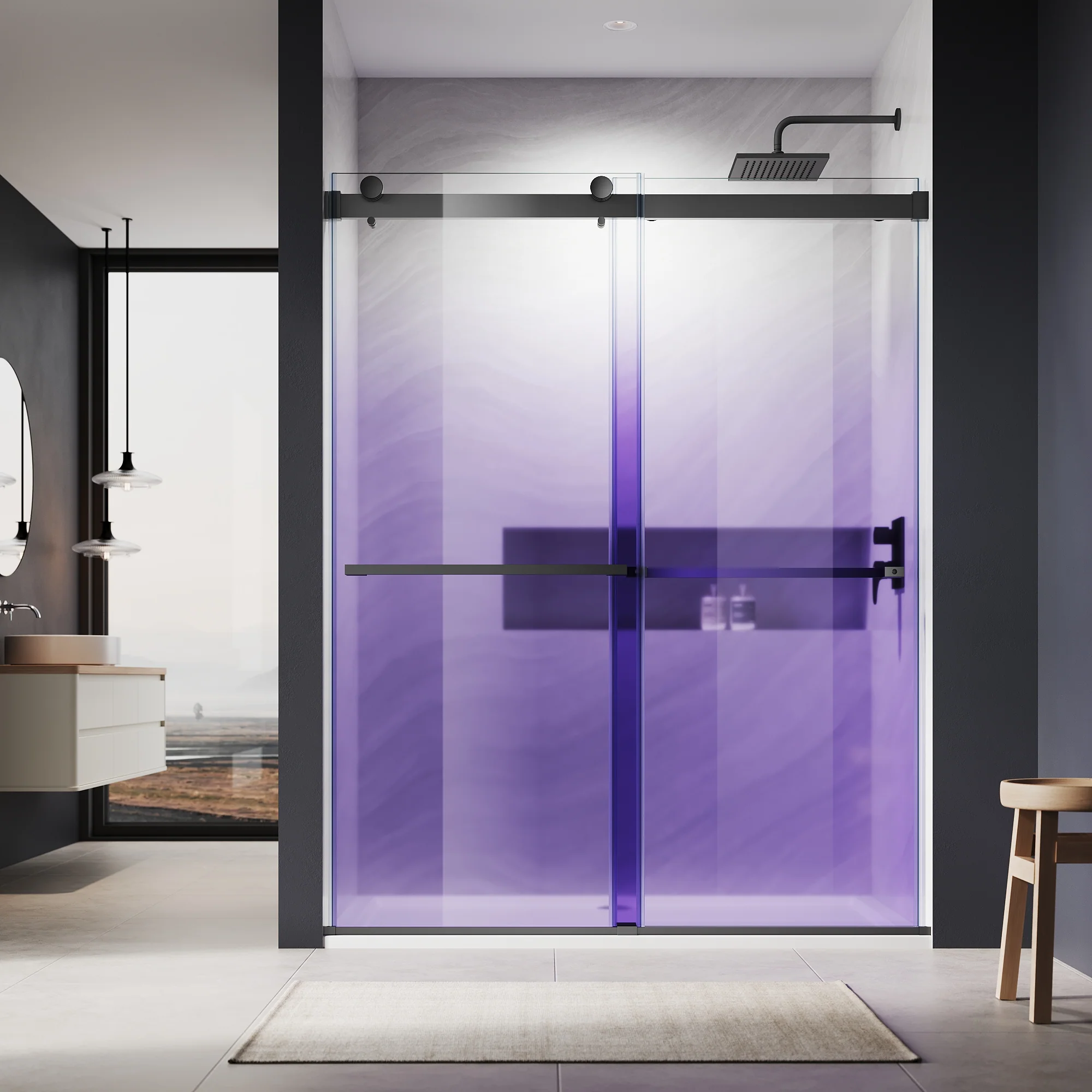 SUNNY SHOWER Custom Gradient Glass Double Sliding Shower Doors, Black Finish / Bright Silver / Brushed Silver