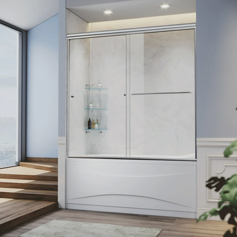 Load video: SUNNY SHOWER 60&quot; x 57.4&quot; Bathtub Shower Door &amp; Double Sliding Door for tub, Brushed Nickel Finish / Chrome Finish