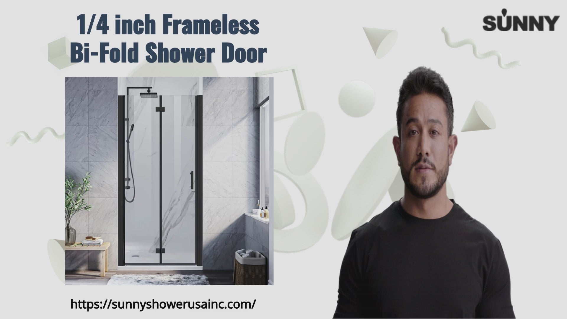 Load video: SUNNY SHOWER 1/4 inch Bifold Shower Door with Semi-Frameless Clear Tempered Glass, Black Finish / Chrome Finish
