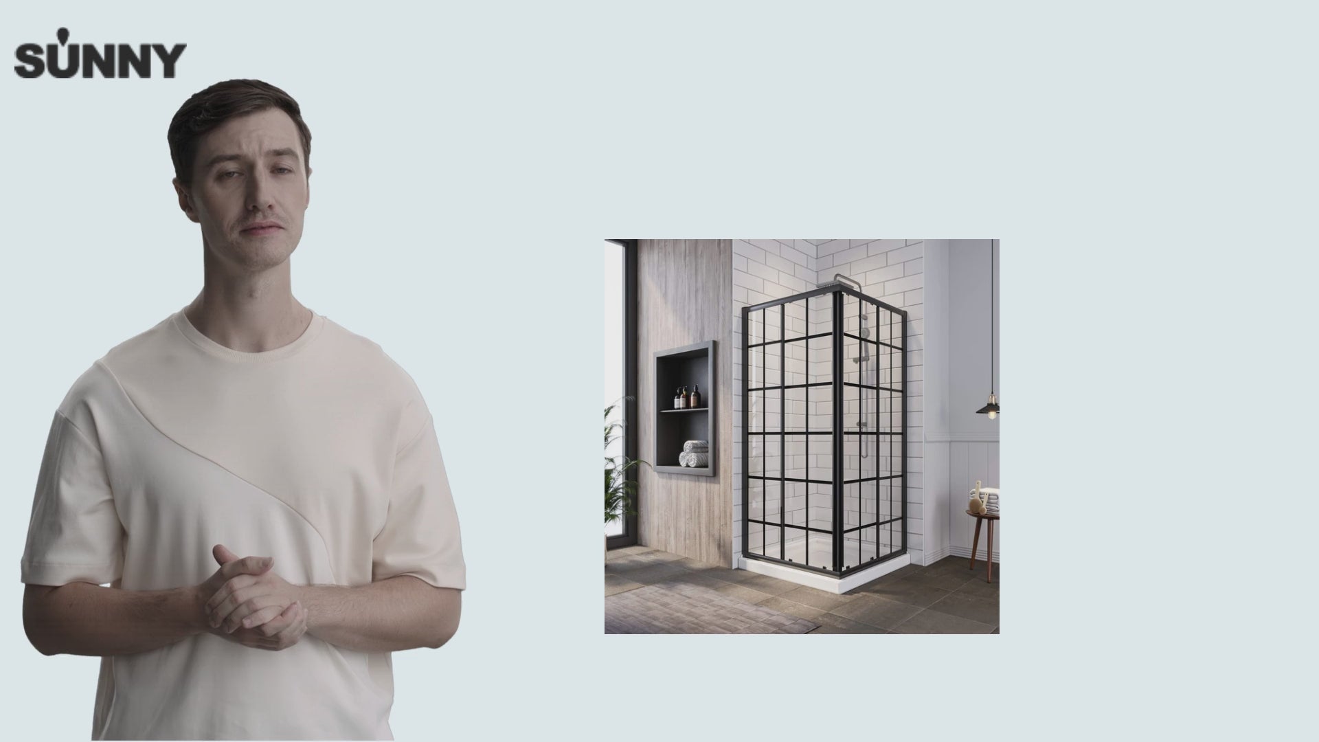 Load video: SUNNY SHOWER Corner Square Shower Enclosure with 1/4 in. Clear Tempered Glass Double Sliding Shower Doors, Black Brushed Nickel