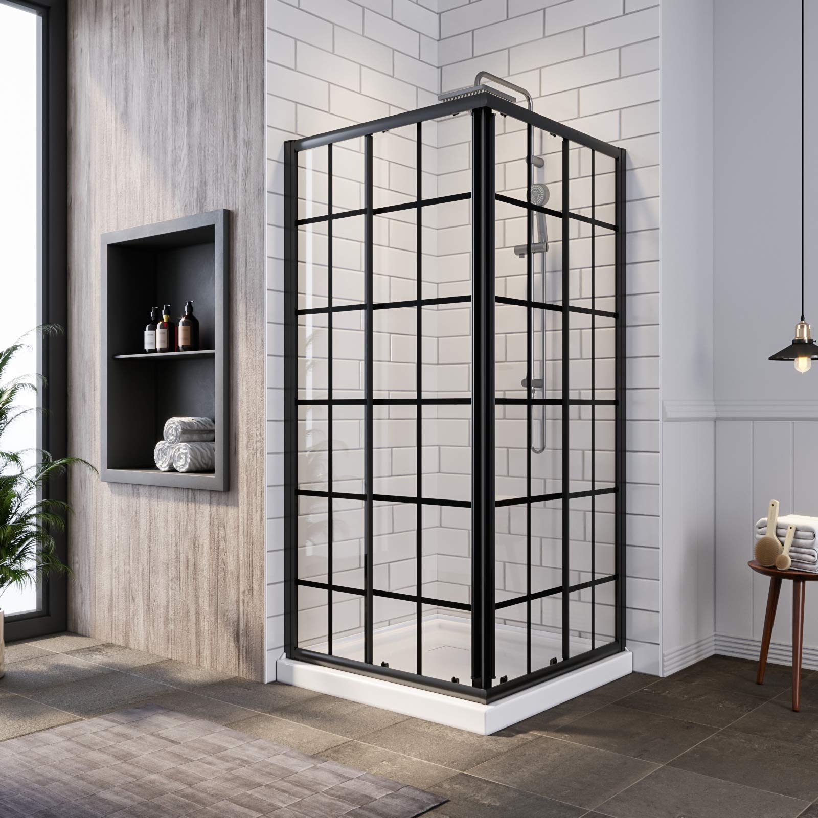 SUNNY SHOWER 36 in. D x 36 in. W x 72 in. H Black Check Corner Entry Enclosure With Sliding Doors And White Square Base