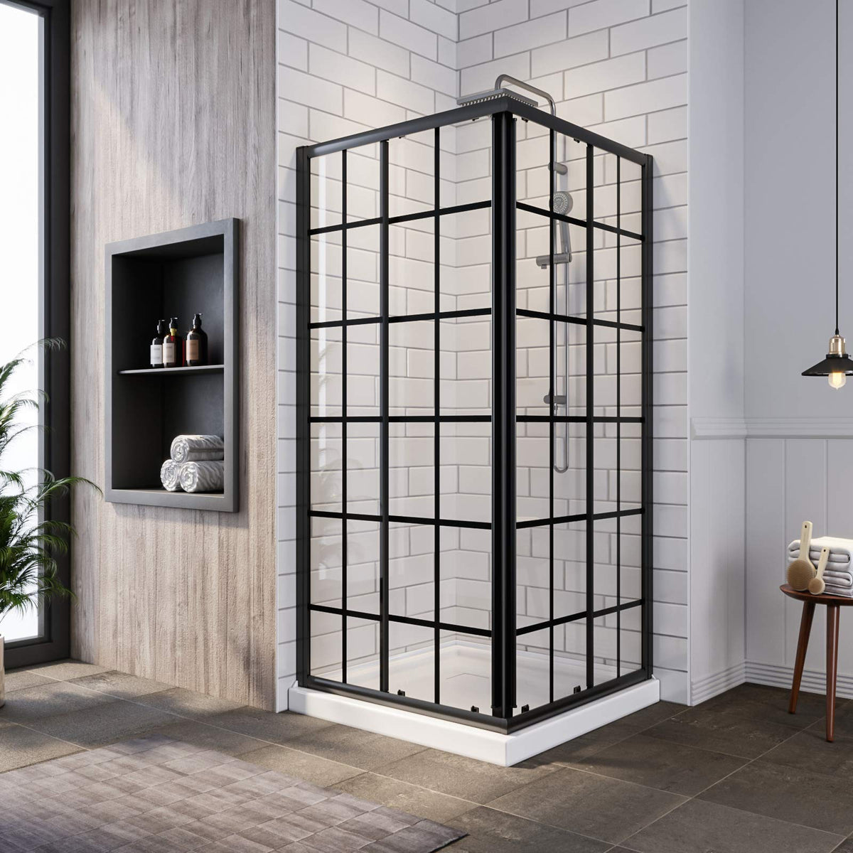 SUNNY SHOWER 34 in. W x 34 in. D x 72 in. H Black Check Corner Entry Enclosure With Sliding Doors And White Square Base