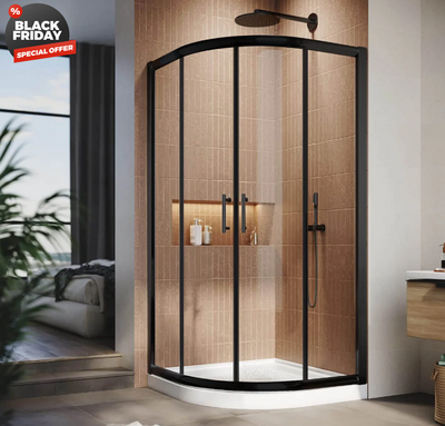 SUNNY SHOWER Corner Round Shower Enclosure with 36.7 in. W x 36.7 in. D x 72 in. H Double Sliding Doors, Black Finish / Chrome Finish