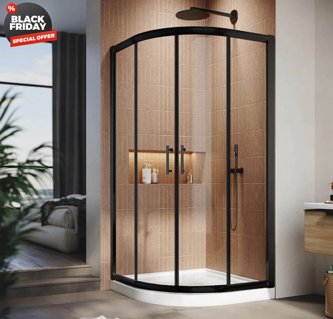 SUNNY SHOWER Corner Round Shower Enclosure with 36.7 in. W x 36.7 in. D x 72 in. H Double Sliding Doors, Black Finish / Chrome Finish