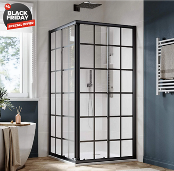 SUNNY SHOWER Corner Square Shower Enclosure with 1/4 in. Clear Tempered Glass Double Sliding Shower Doors, Black Brushed Nickel