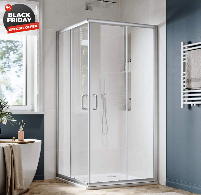 SUNNY SHOWER Corner Square Shower Enclosure with 1/4 in. Clear Tempered Glass Double Sliding Shower Doors, Brushed Nickel Finish