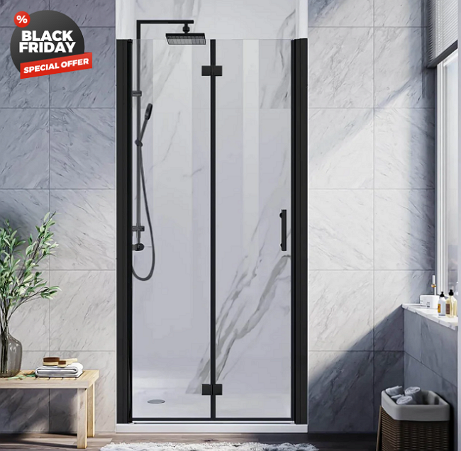 SUNNY SHOWER 1/4 inch Bifold Shower Door with Semi-Frameless Clear Tempered Glass, Black Finish / Chrome Finish