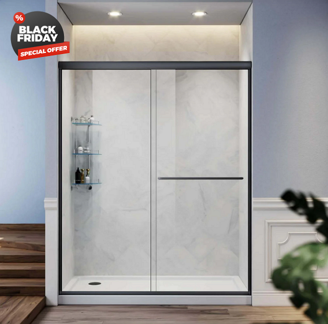SUNNY SHOWER 48" x 72" Double Sliding Shower Doors, Black Finish / Brushed Nickel Finish / Chrome Finish