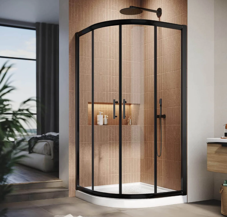 SUNNY SHOWER Corner Round Shower Enclosure with 36.7 in. W x 36.7 in. D x 72 in. H Double Sliding Doors, Black Finish / Chrome Finish