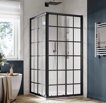 SUNNY SHOWER Corner Square Shower Enclosure with 1/4 in. Clear Tempered Glass Double Sliding Shower Doors, Black Brushed Nickel