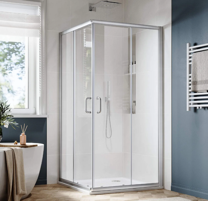 SUNNY SHOWER Corner Square Shower Enclosure with 1/4 in. Clear Tempered Glass Double Sliding Shower Doors, Brushed Nickel Finish