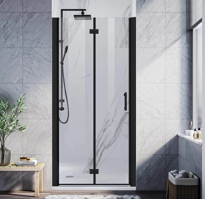 SUNNY SHOWER 1/4 inch Bifold Shower Door with Semi-Frameless Clear Tempered Glass, Black Finish / Chrome Finish