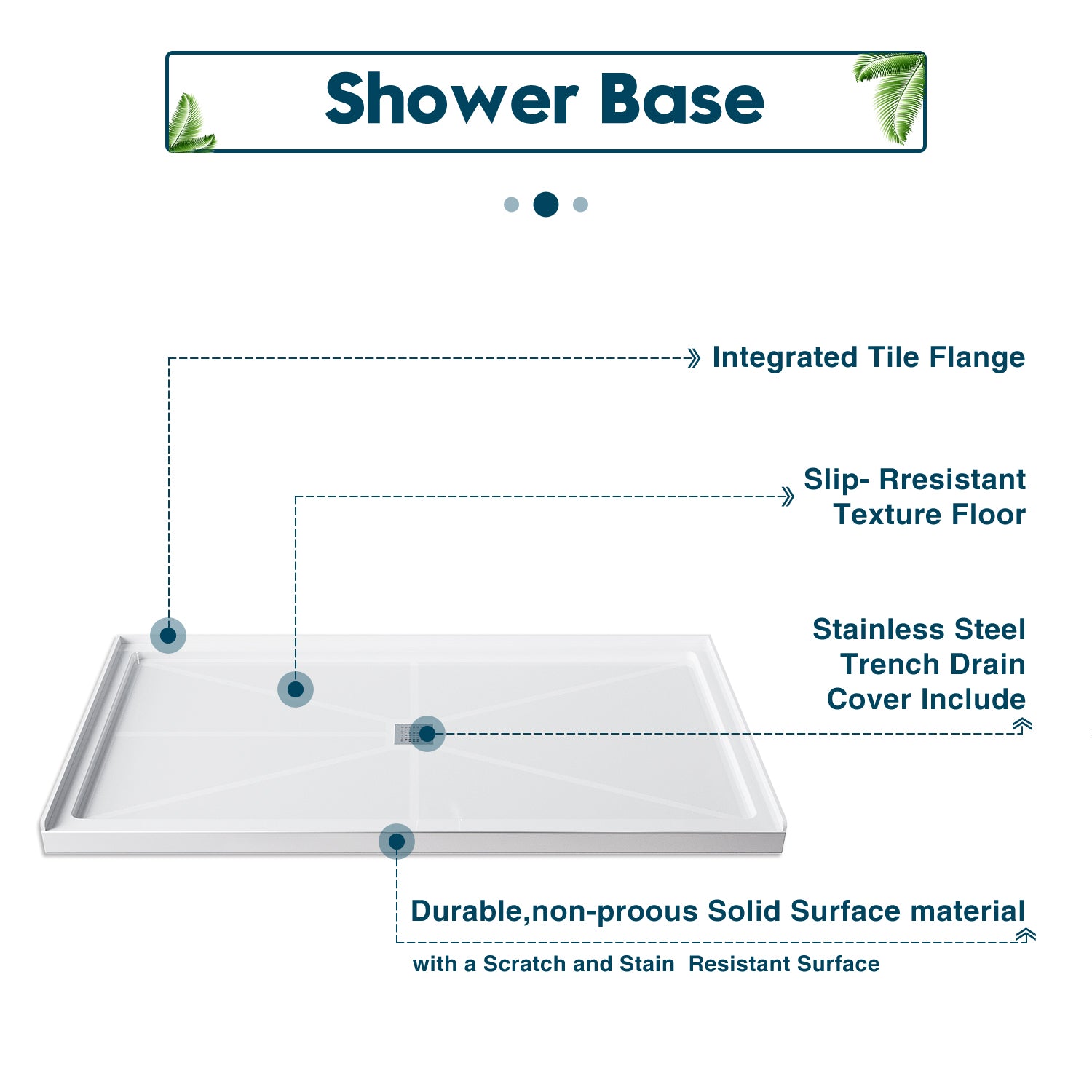 Design: (integrated tile flange）（slip-resistant texture floor）（stainless steel trench drain cover include）（durable, non-proous solid surface material）