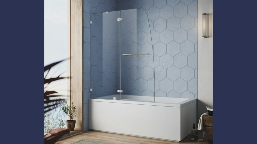 Load video: SUNNY SHOWER 48 in. W x 58 in. H Chrome Finish Frameless Bathtub Hinged Doors - SUNNY SHOWER