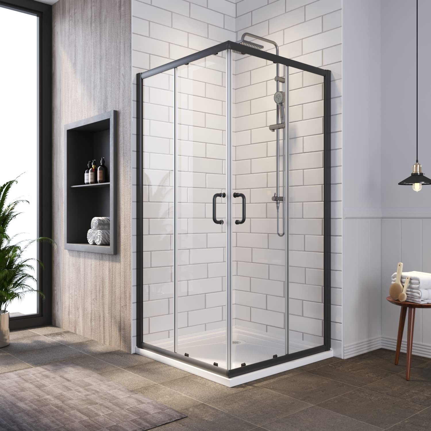 SUNNY SHOWER 36 in. W x 36 in. D x 72 in. H Black Finish Corner Entry Enclosure With Sliding Doors And White Square Base