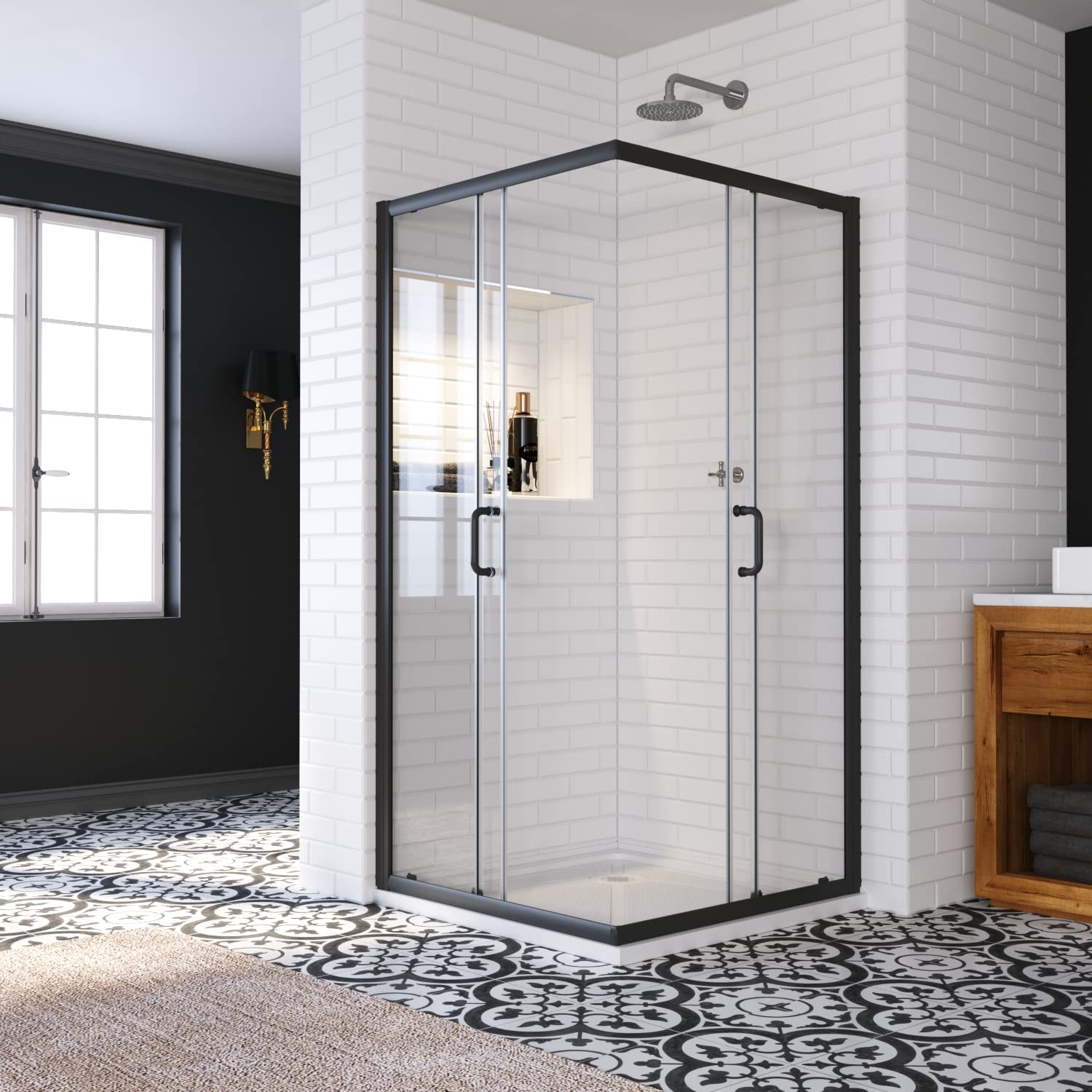 SUNNY SHOWER 36 in. W x 36 in. D x 72 in. H Black Finish Corner Entry Enclosure With Sliding Doors And White Square Base