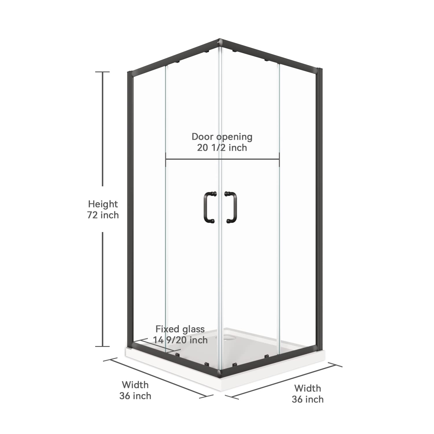 SUNNY SHOWER 36 in. W x 36 in. D x 72 in. H Black Finish Corner Entry Enclosure With Sliding Doors And White Square Base Dimensions