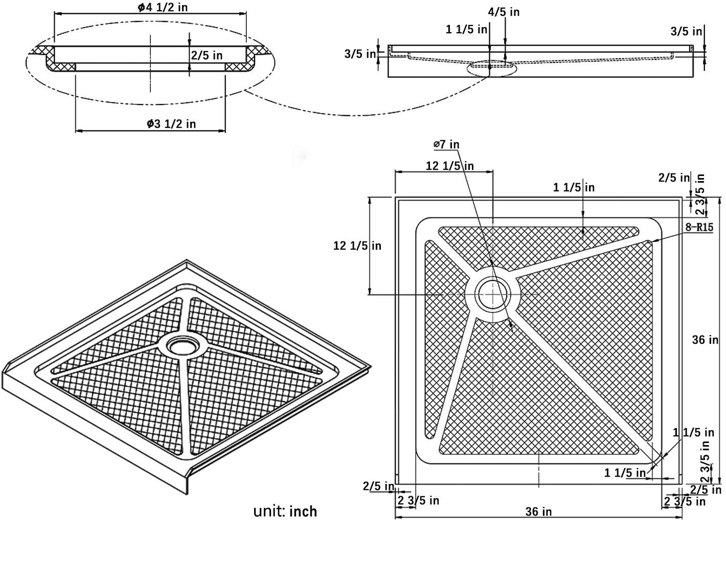 SUNNY SHOWER 36 in. W x 36 in. D x 3 in. H White Corner Drain Square Bases Size Chart - SUNNY SHOWER