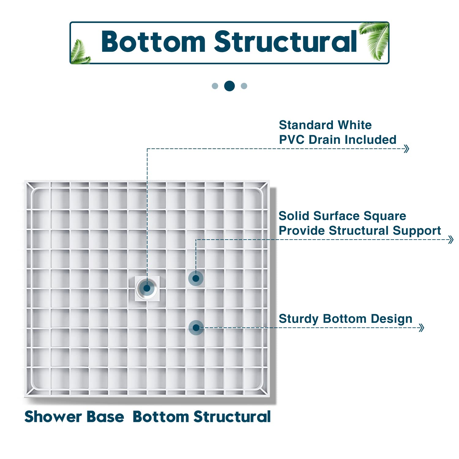 Bottom Structural, Standard White PVC Drain Included, Solid Surface Square, Provide Structural Support, Sturdy Bottom Design