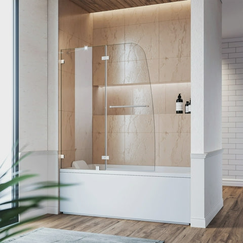 Load video: SUNNY SHOWER 48 in. W x 58 in. H Chrome Finish Frameless Bathtub Hinged Doors - SUNNY SHOWER