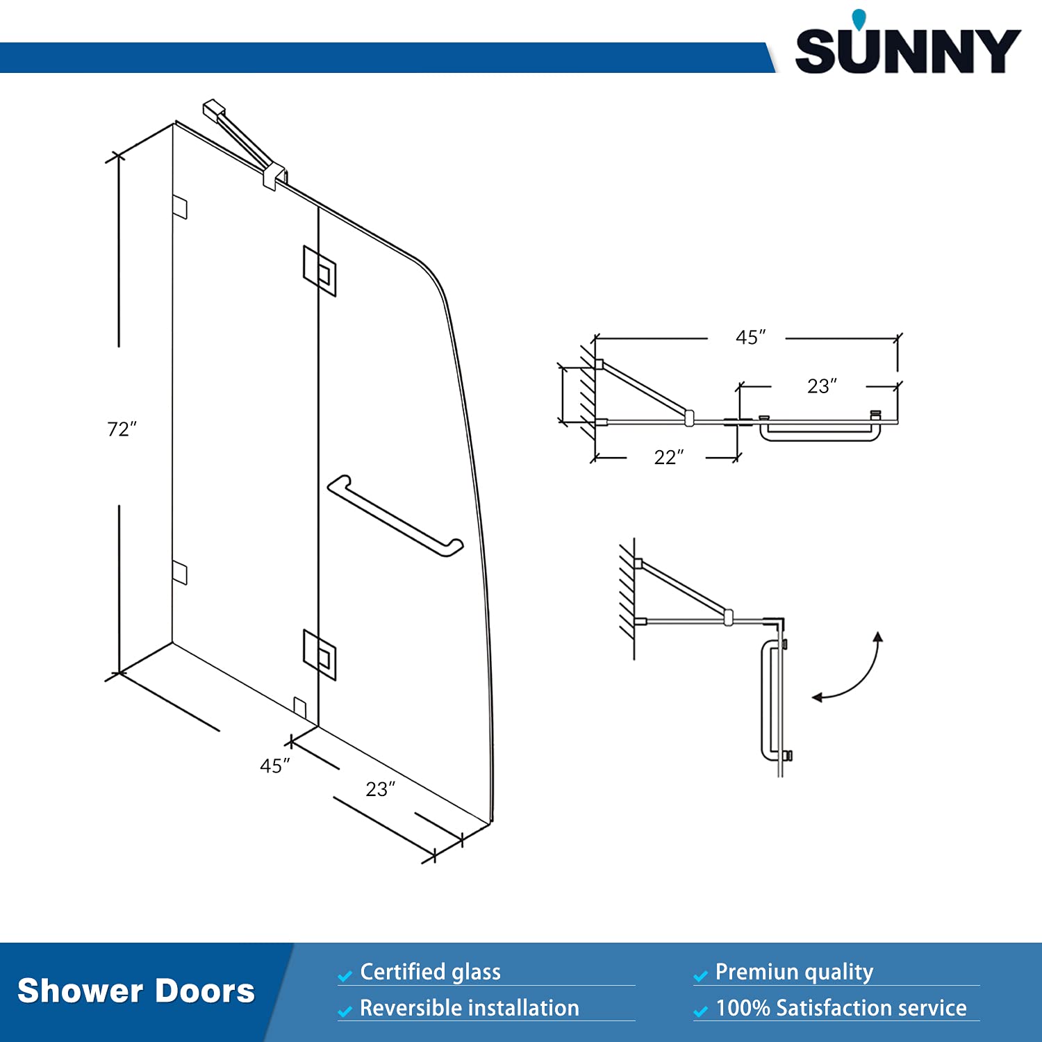 SUNNY SHOWER 45 in. W x 72 in. H Frameless Chrome Finish Pivot Shower Door Size Chart
