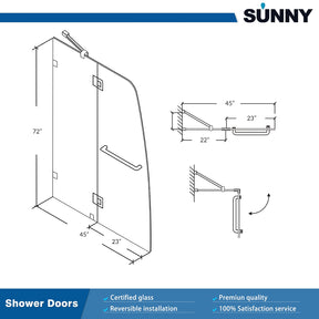 SUNNY SHOWER 45 in. W x 72 in. H Frameless Chrome Finish Pivot Shower Door Size Chart
