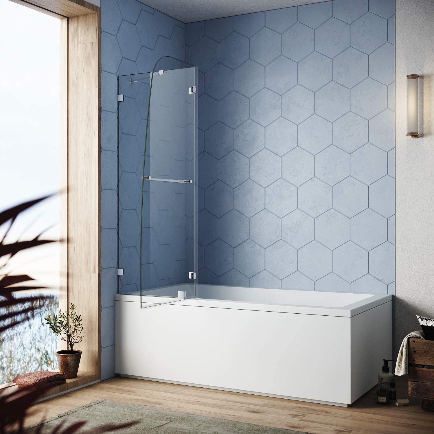 SUNNY SHOWER 48 in. W x 58 in. H Chrome Finish Frameless Bathtub Hinged Doors - SUNNY SHOWER