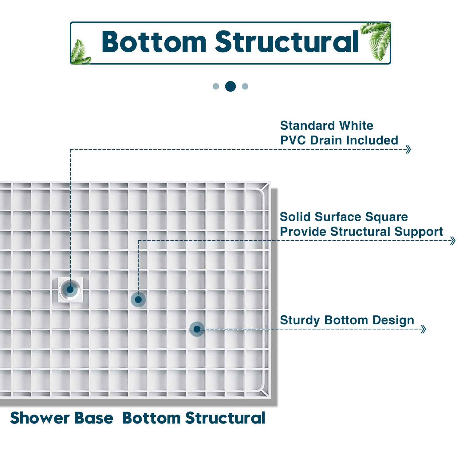 bottom structural（standard white pcv drain included）（solid surface square provide structural support）（sturdy bottom design）