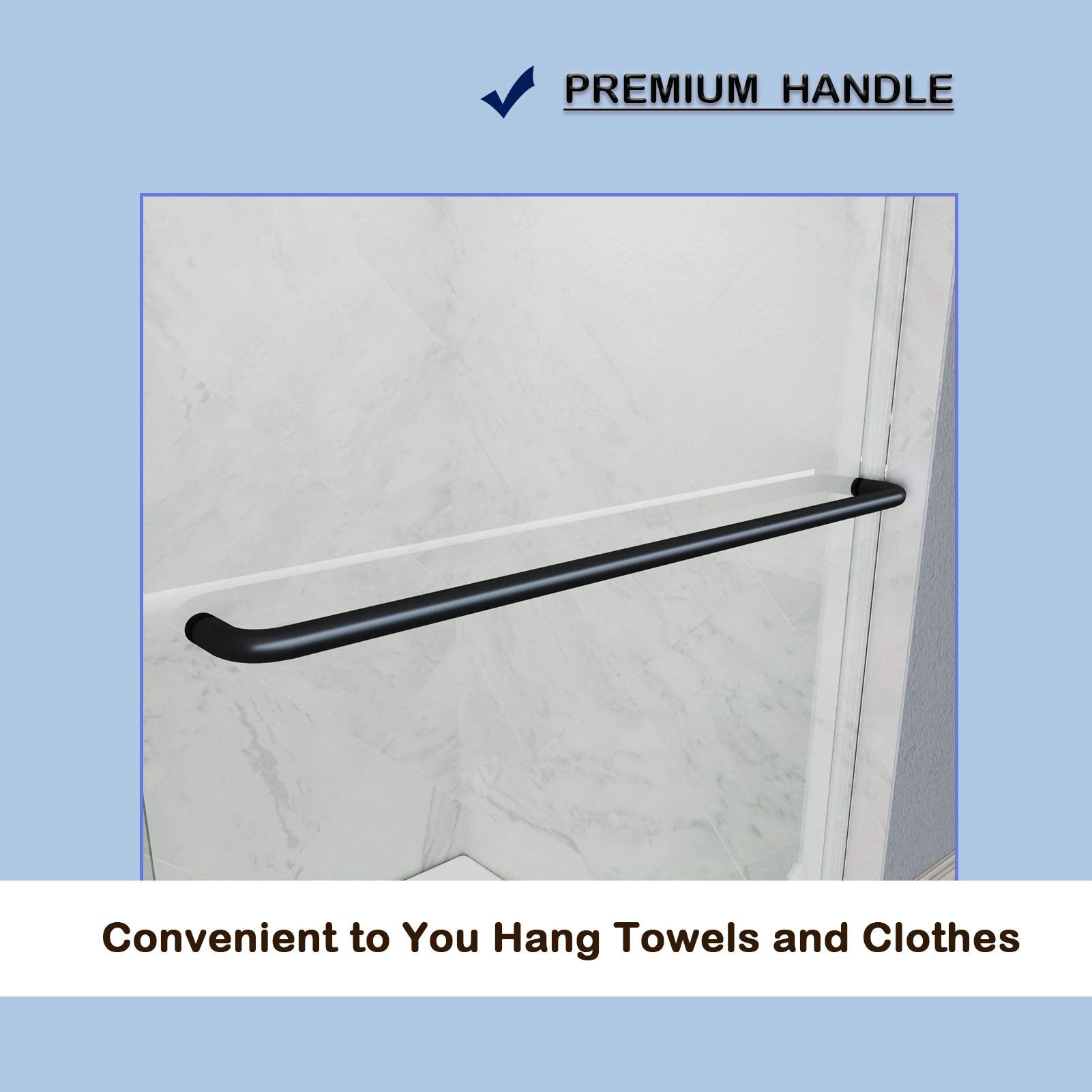 Black finish door handle with long bar is mounted proud enough to act as a towel rail or as leverage when opening/exiting