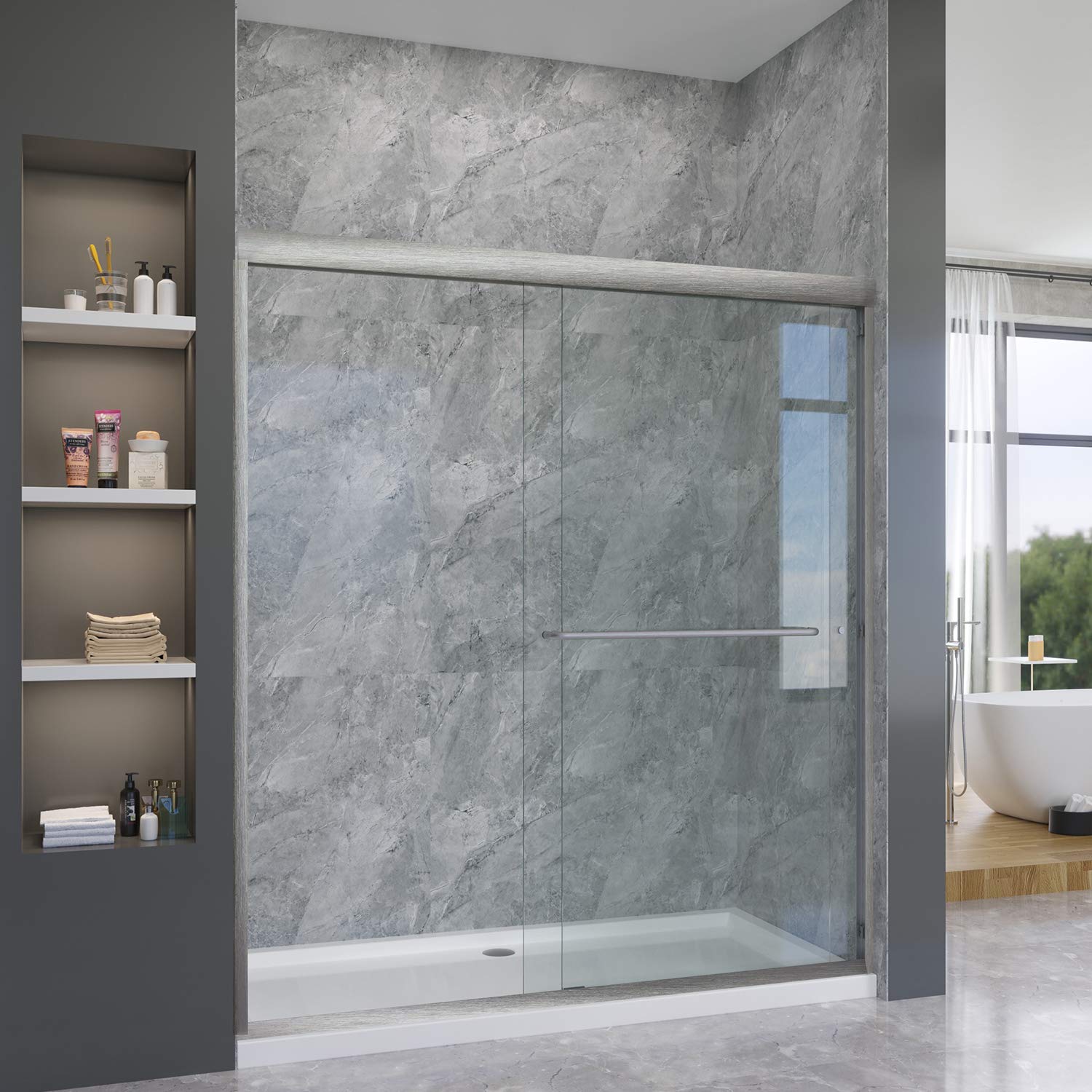 SUNNY SHOWER 60 in. W x 72 in. H Brushed Nickel Finish Double Sliding Shower Doors - SUNNY SHOWER