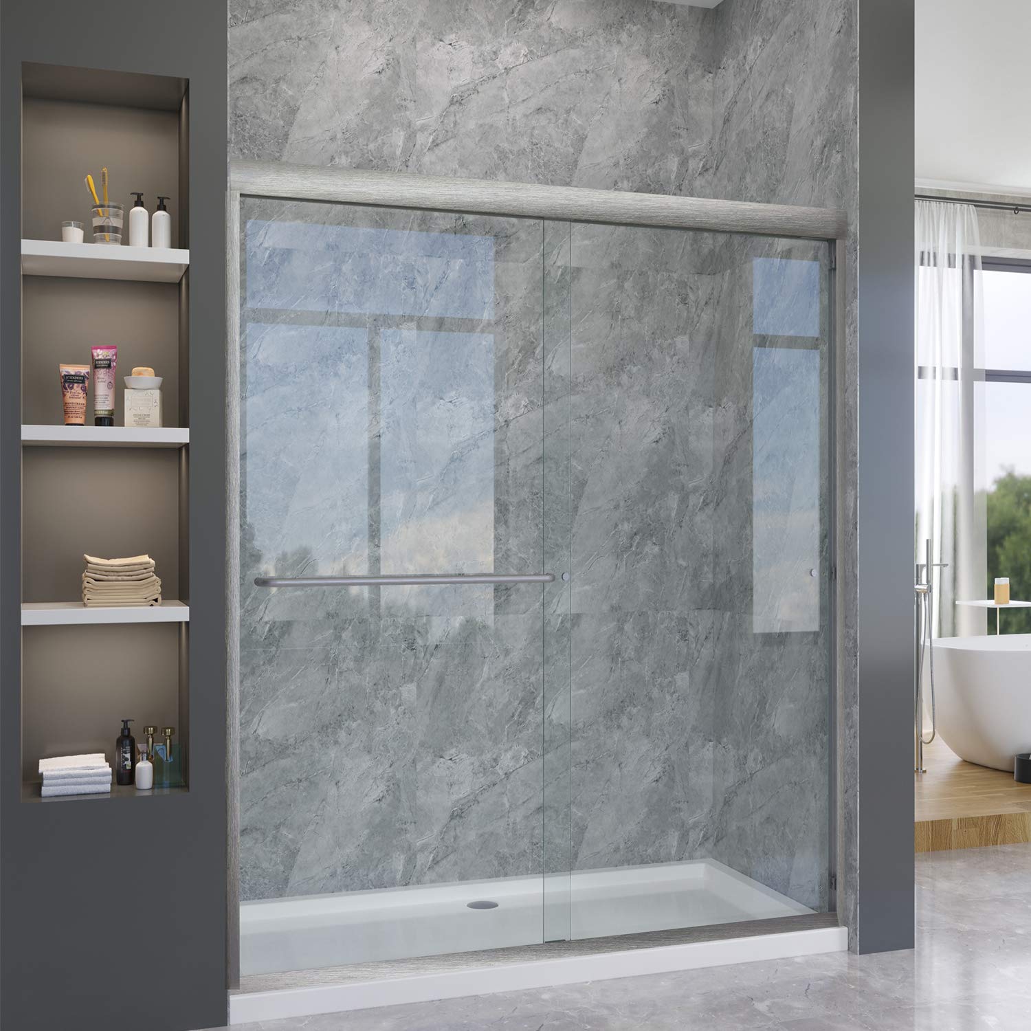 SUNNY SHOWER 60 in. W x 72 in. H Brushed Nickel Finish Double Sliding Shower Doors - SUNNY SHOWER