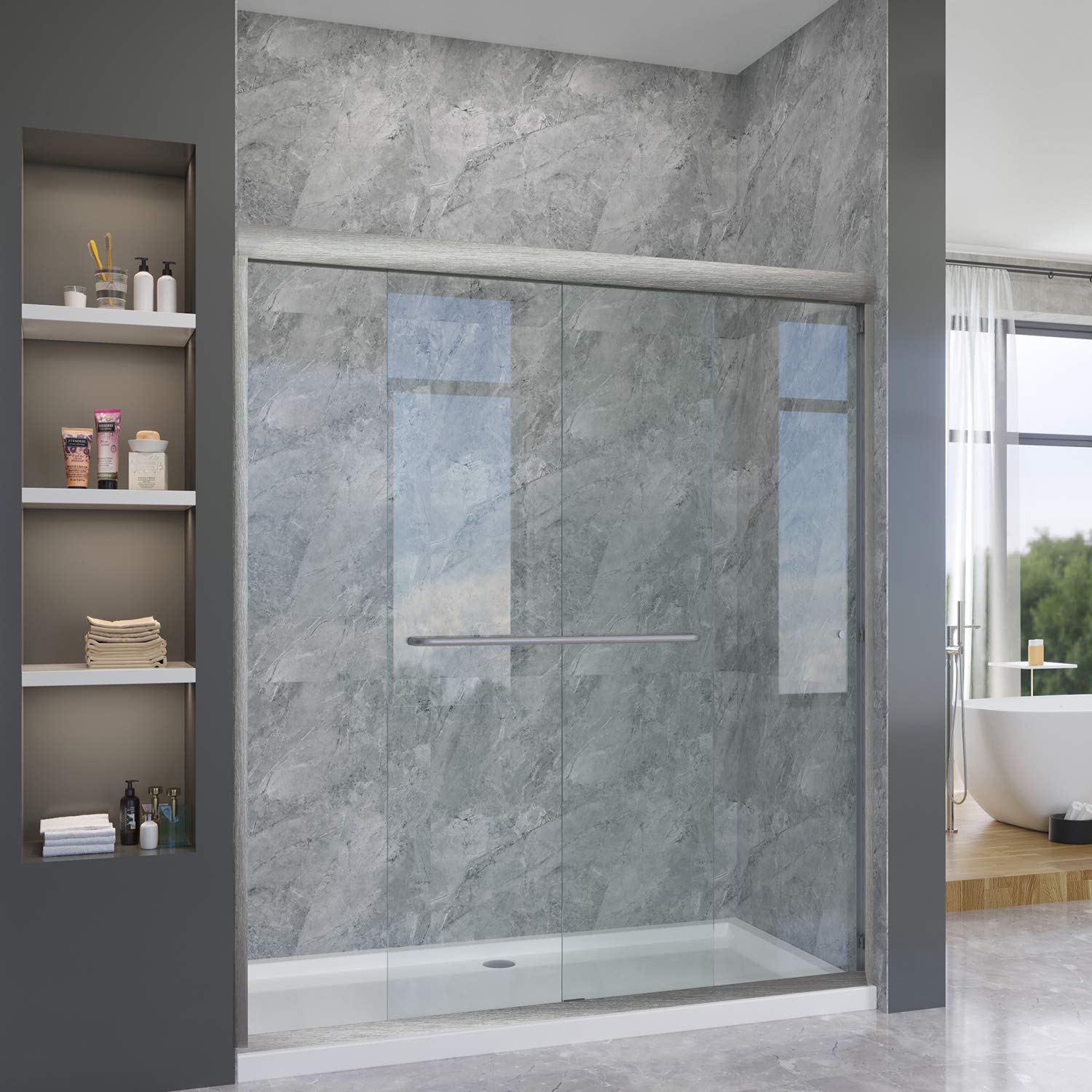 SUNNY SHOWER 60 in. W x 72 in. H Brushed Nickel Finish Double Sliding Shower Doors - SUNNY SHOWER