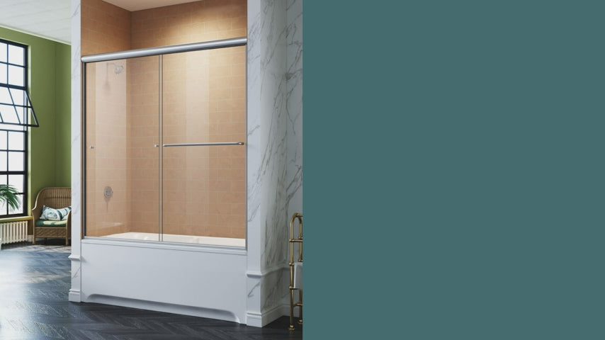 Load video: SUNNY SHOWER 60 in. W x 62 in. H Brushed Nickel Finish Bathtub Double Sliding Doors