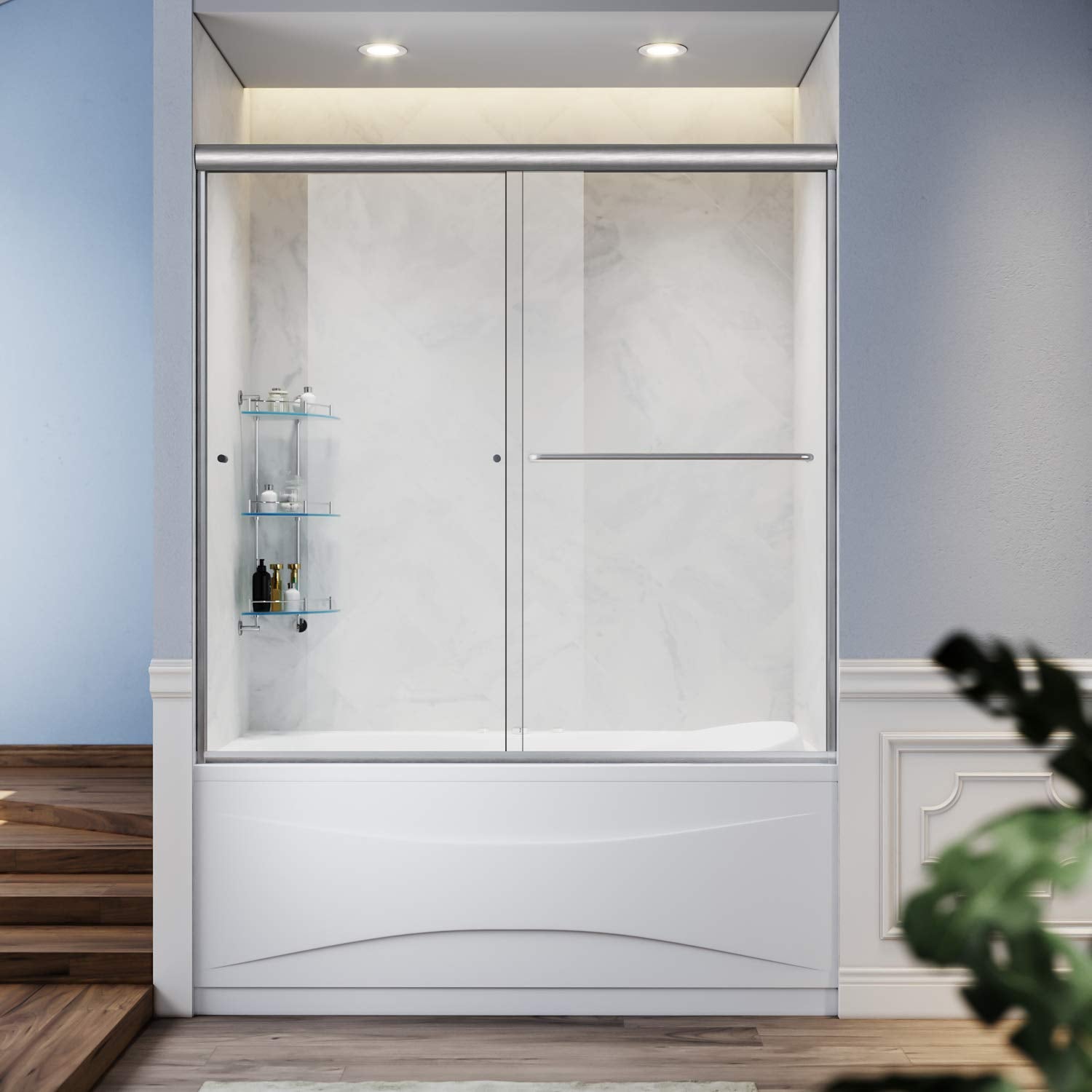 SUNNY SHOWER 60 in. W x 57.4 in. H Brushed Nickel Finish Bathtub Double Sliding Doors - SUNNY SHOWER