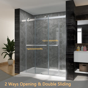 Both left and right glass panel can sliding at the same time, you can move it however you want.