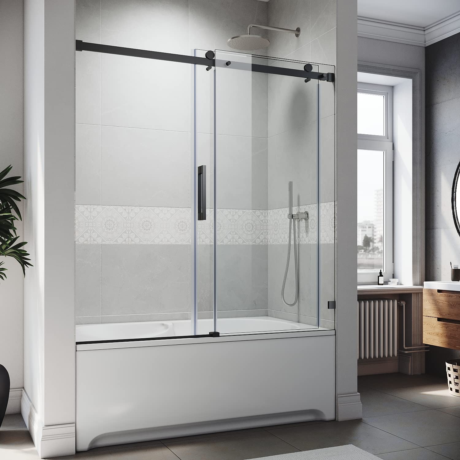 SUNNY SHOWER 60 in. W x 62 in. H Frameless Black Finish Bathtub Sliding Doors - SUNNY SHOWER