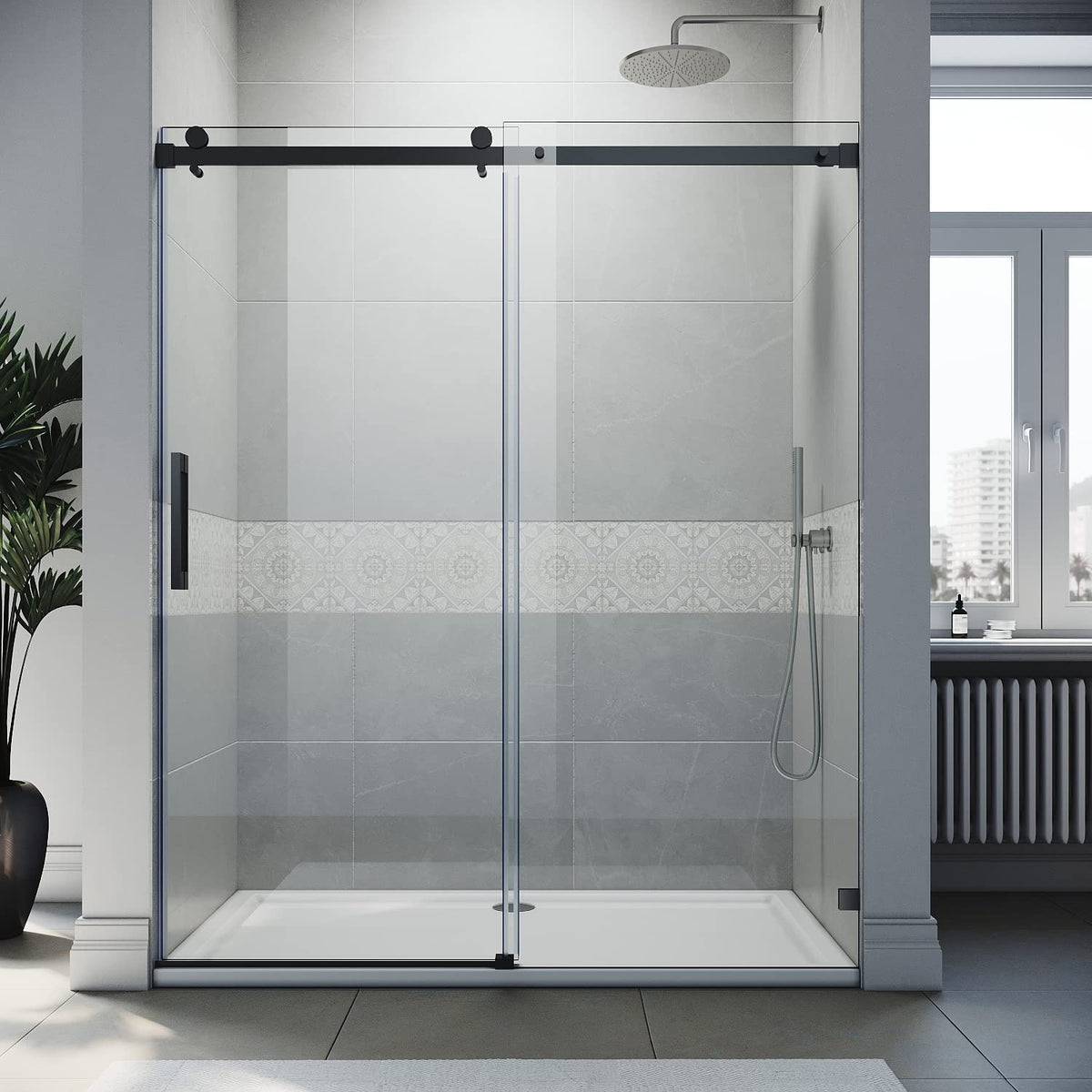SUNNY SHOWER 60 in. W x 72 in. H Frameless Black Finish Sliding Shower Doors - SUNNY SHOWER