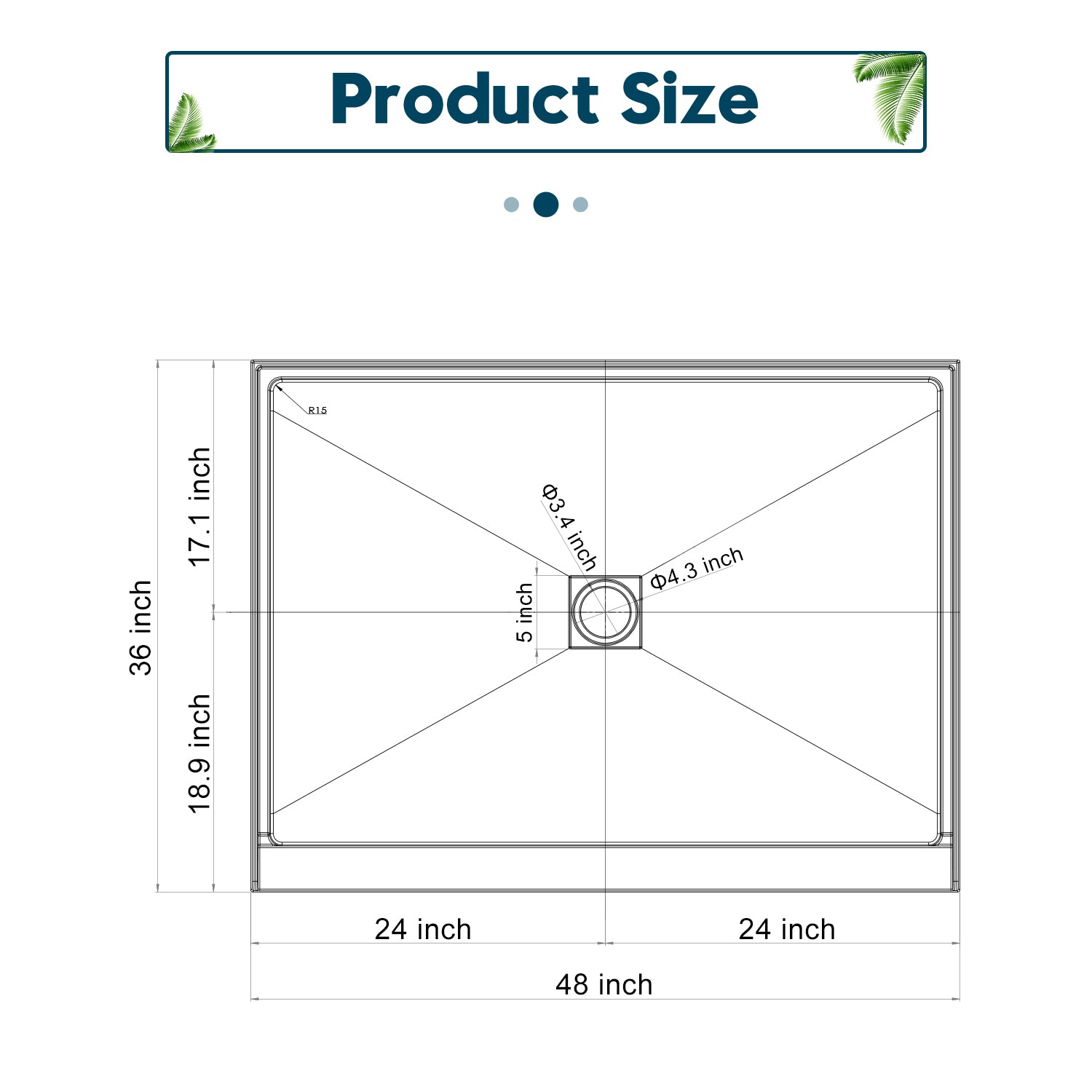 SUNNY SHOWER 36 in. D x 48 in. W x 4 in. H White Center Drain Rectangular Base Size Chart