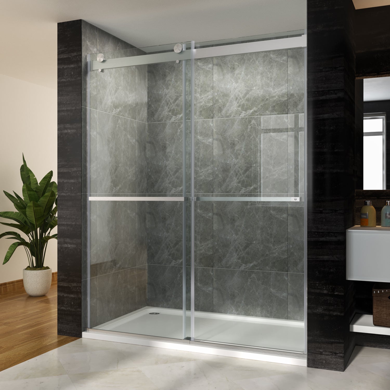 SUNNY SHOWER 60 in. W x 76 in. H Frameless Brushed Nickel Finish Double Sliding Shower Doors