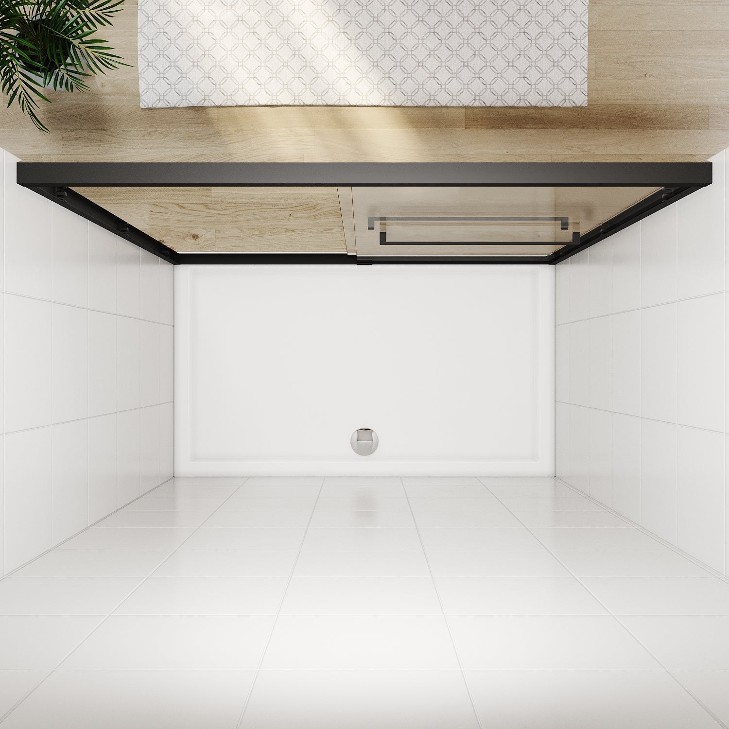 SUNNY SHOWER 60" W x 72" H Black Finish Double Sliding Shower Door Overhead View
