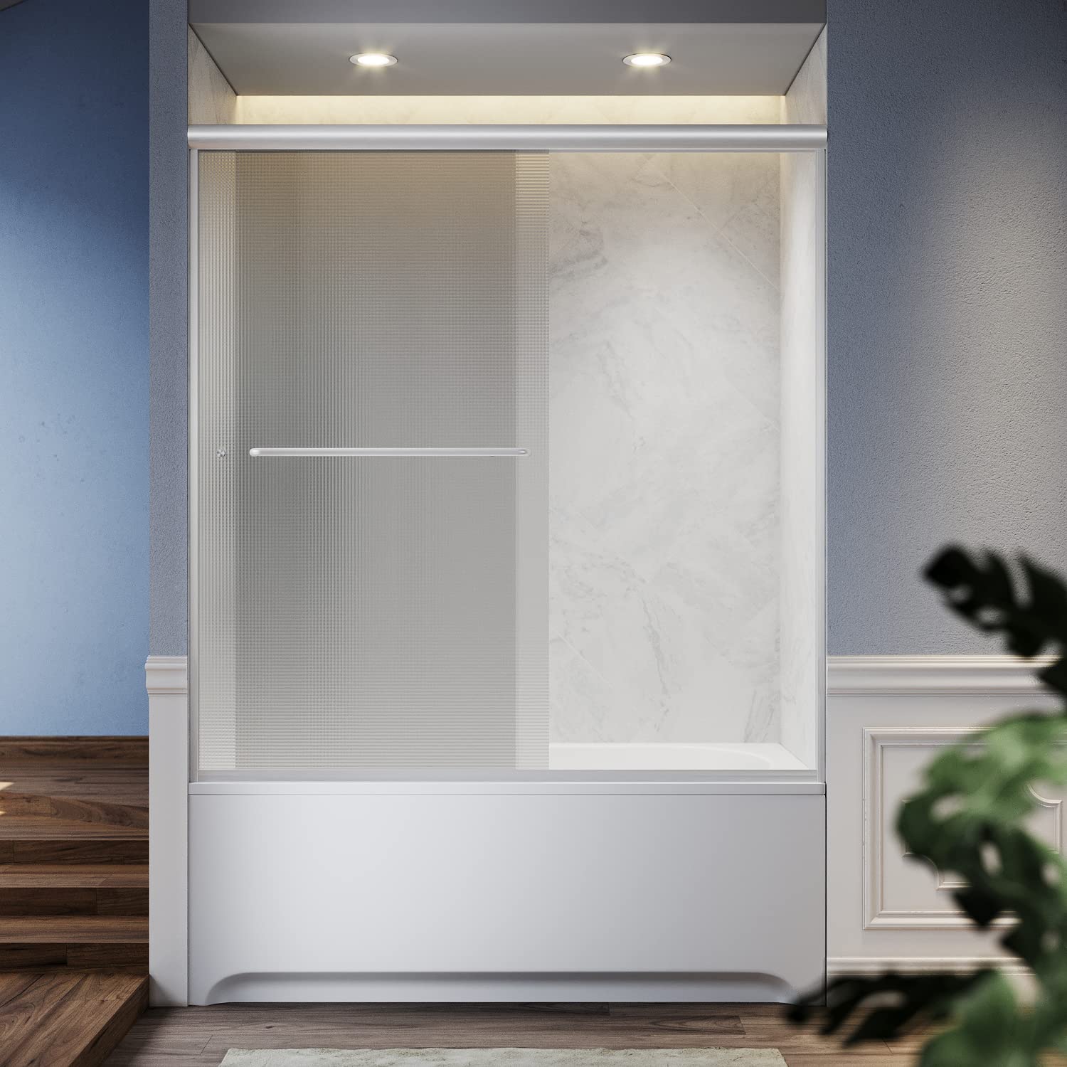 SUNNY SHOWER 60" x 57.4" Brushed Nickel Finish Bathtub Shower Door & Double Sliding Frosted Door for tub