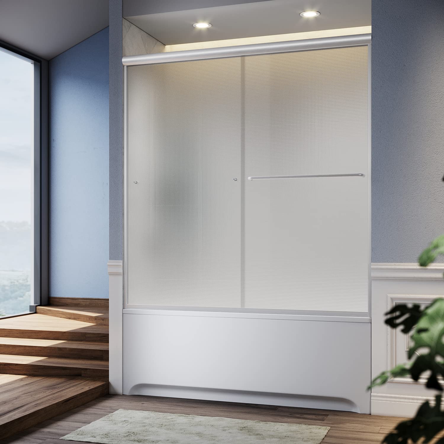 SUNNY SHOWER 60" x 57.4" Brushed Nickel Finish Bathtub Shower Door & Double Sliding Frosted Door for tub