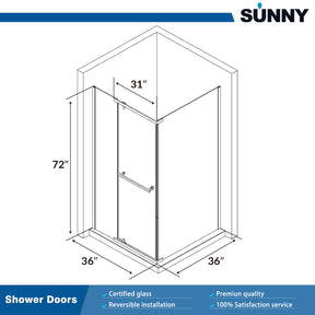 SUNNY SHOWER 36 in. W x 36 in. D x 72 in. H Frameless Chrome Finish Corner Entry Enclosure With Pivot Door Size Chart