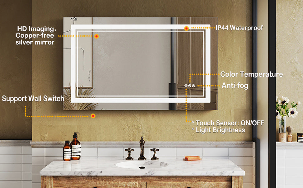 SUNNY SHOWER LED Bathroom MakeUp Mirror 40 x 24 in.丨Anti-Fog and Waterproof丨3 Color Temperature Setting丨Memory Function - SUNNY SHOWER