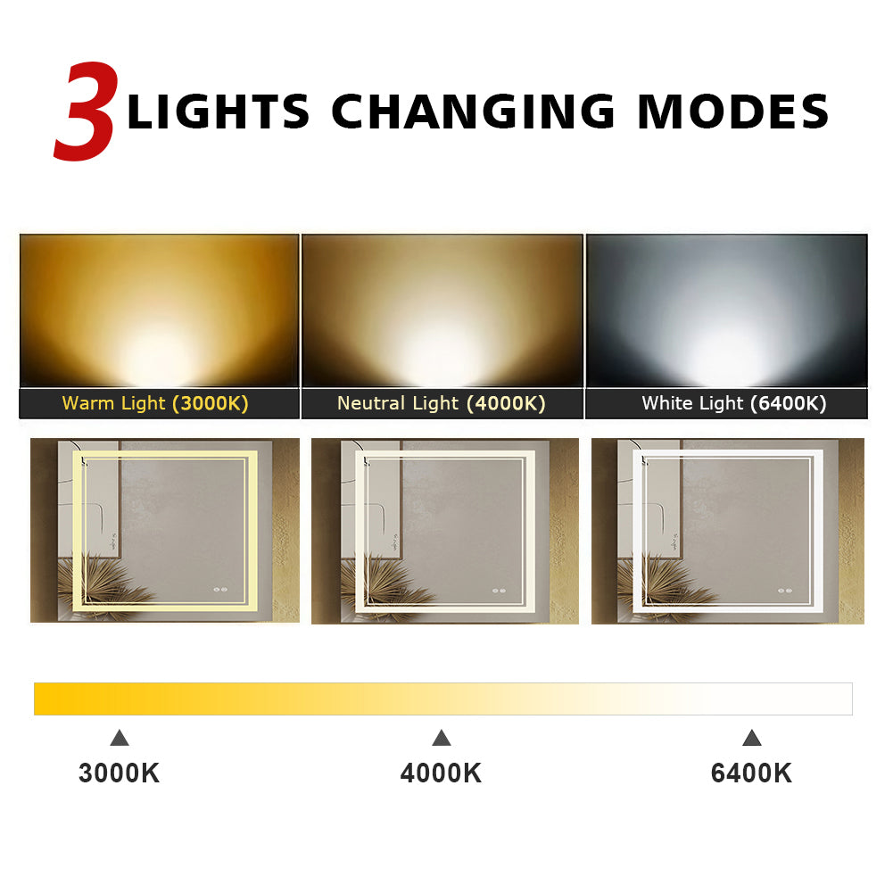 SUNNY SHOWER LED Bathroom MakeUp Mirror 36 x 28 in.丨Anti-Fog and Waterproof丨3 Color Temperature Setting丨Memory Function - SUNNY SHOWER
