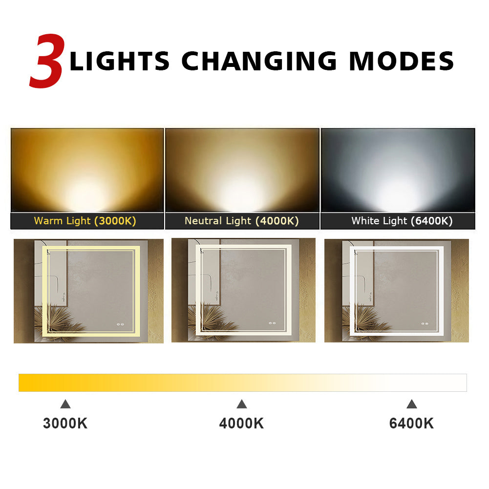 SUNNY SHOWER LED Bathroom MakeUp Mirror 28 x 36 in.丨Anti-Fog and Waterproof丨3 Color Temperature Setting丨Memory Function - SUNNY SHOWER