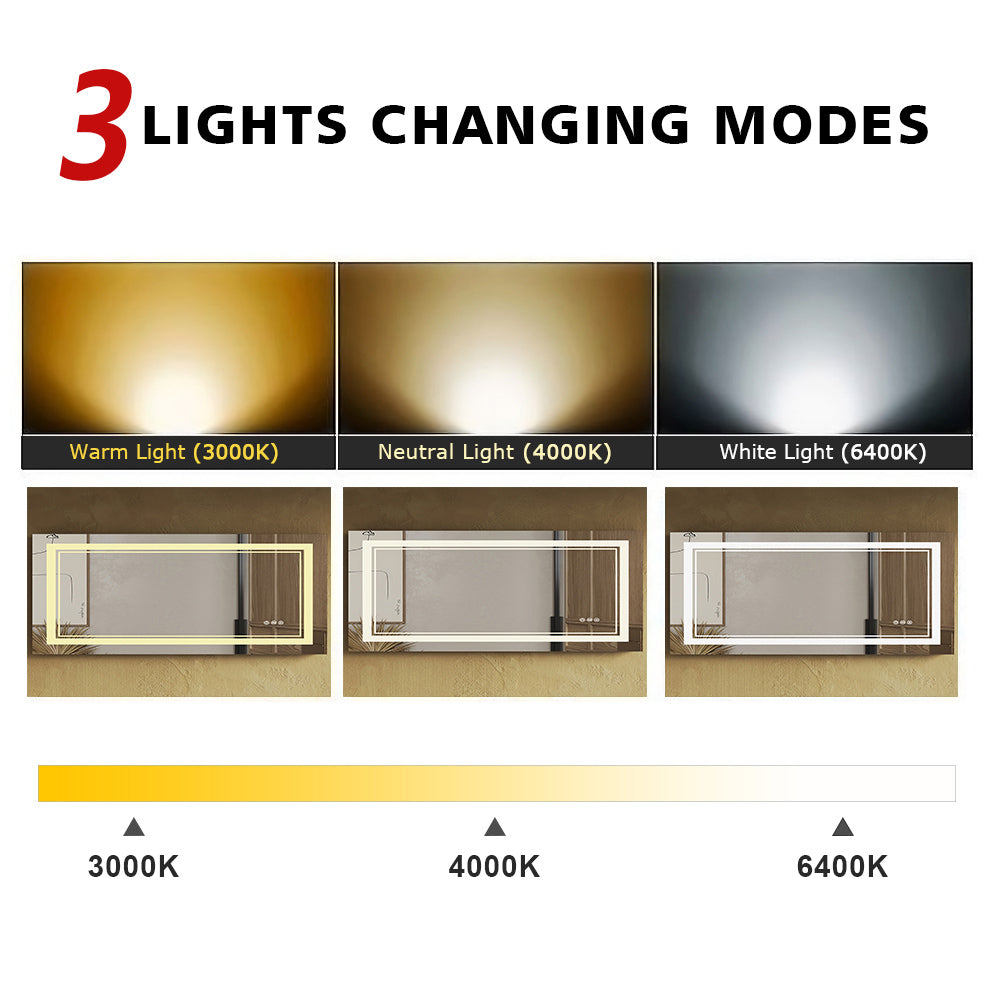 SUNNY SHOWER LED Bathroom MakeUp Mirror 40 x 24 in.丨Anti-Fog and Waterproof丨3 Color Temperature Setting丨Memory Function - SUNNY SHOWER