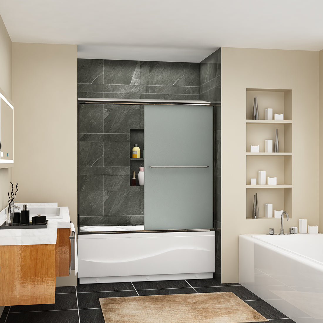 SUNNY SHOWER 60 in. W x 57.4 in. H Frosted Chrome Finish Bathtub Double Sliding Doors