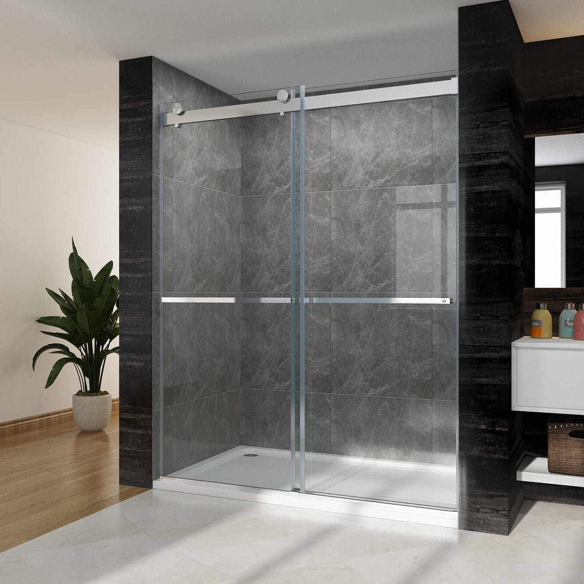SUNNY SHOWER BP42P2 Door 60" W x 76" H Frameless Shower Enclosure 3/8"(10mm) Thick Glass Panel, 2 Ways Opening, Chrome Finish - SUNNY SHOWER